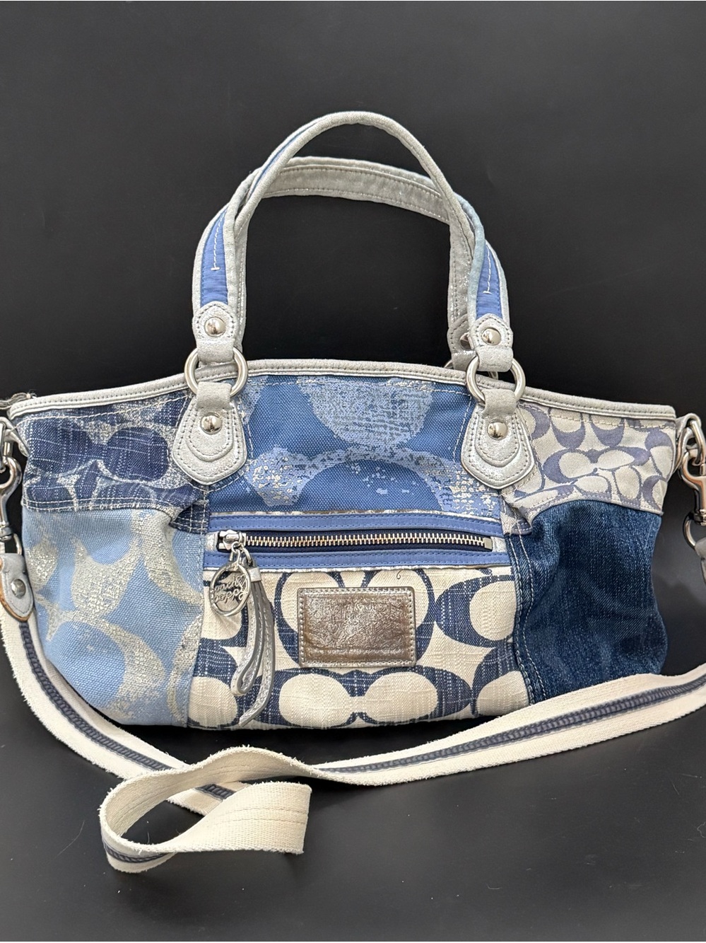 COACH Poppy 16732 Storybook Patchwork Satchel Rocker Blue Denim Silver Metallic